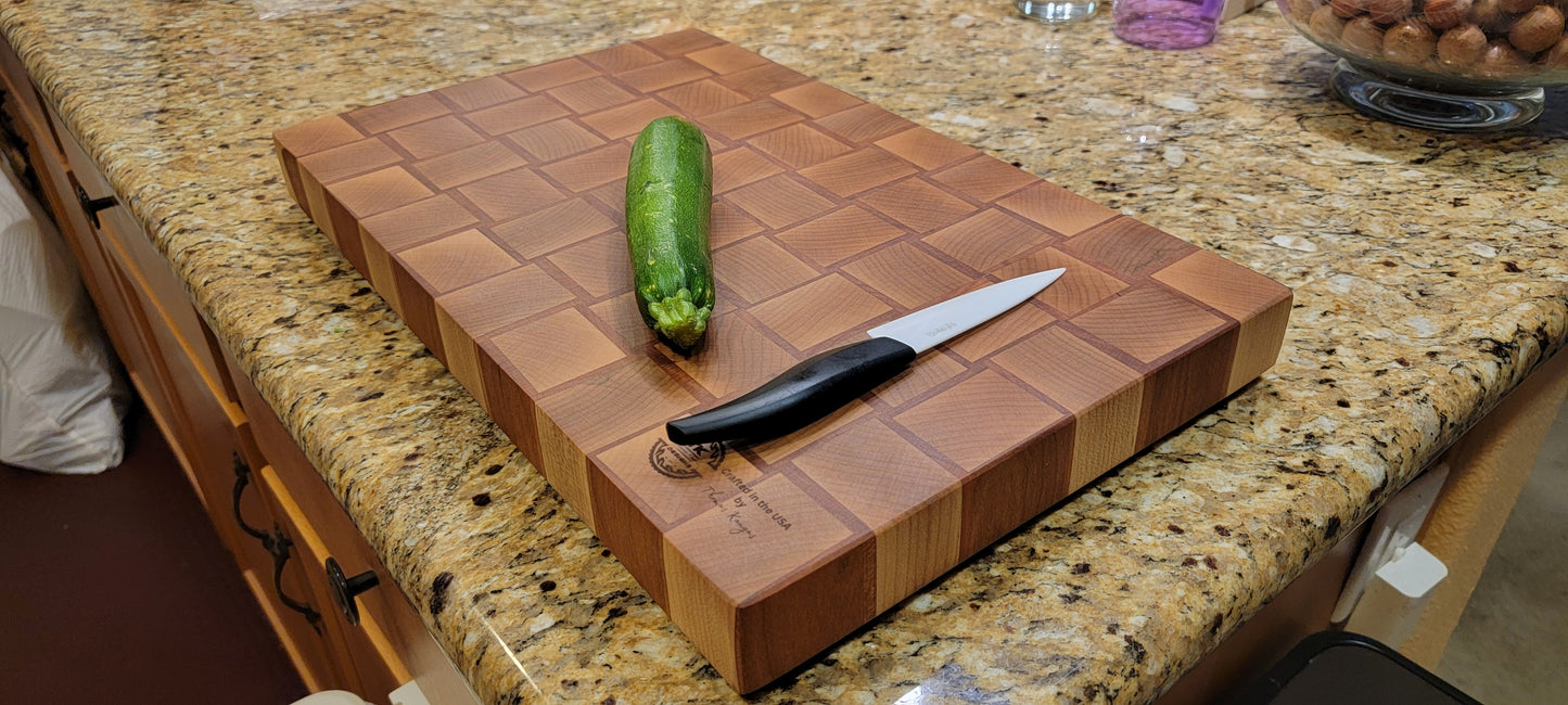 End Grain Cutting Board, Basket Weave Pattern Thick Butcher Block - Handmade w/ Premium Wood - Optional Juice Groove - FREE Board Conditioner